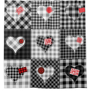 Black White Patchwork Hearts Seamless. Shower Curtain