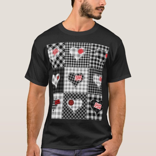 Black White Patchwork Hearts Seamless. T-Shirt (Front)