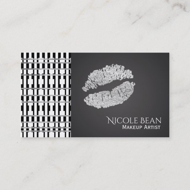 Black & White Pattern & Faux Silver Shine Lips Business Card (Front)