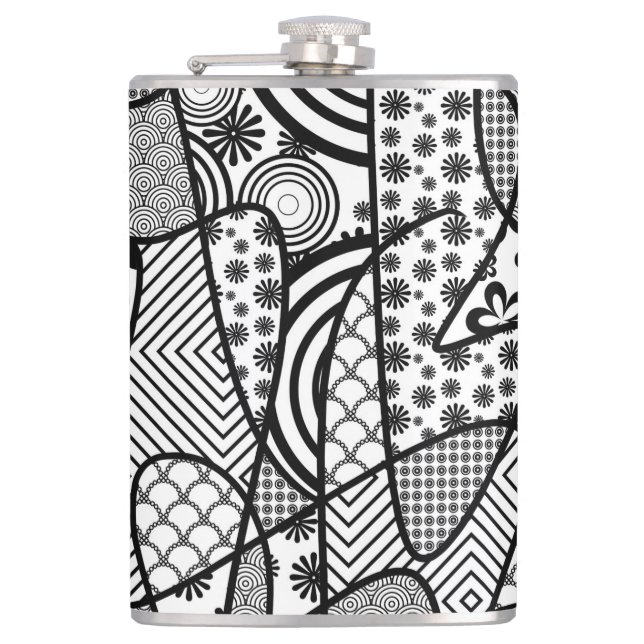 Black & White Pattern Patchwork 02 Hip Flask (Front)