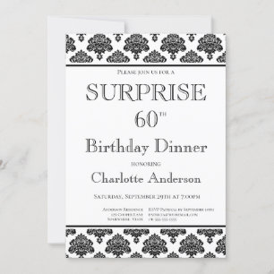 Black White Pattern Surprise 60th Birthday Dinner Invitation