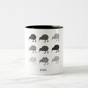 Black & White Patterned Kiwi Birds Two-Tone Coffee Mug