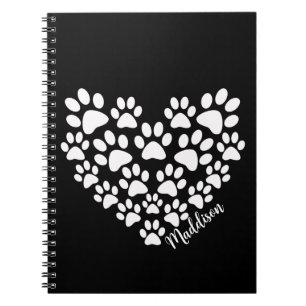 Black White Paw Print Heart Notebook