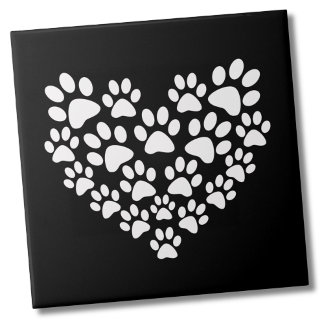 Black White Paw Print Heart Tile