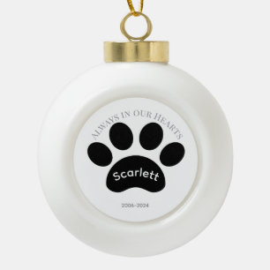 Black & White Paw Print Holiday Memorial Ceramic Ball Christmas Ornament