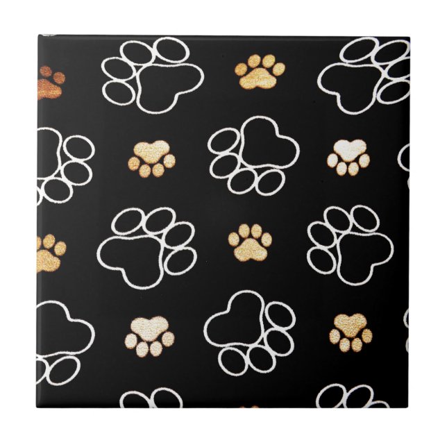 Black White Paw Print Pattern Tile (Front)