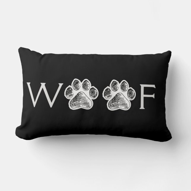 Black White Paw Print 'Woof' Decorative Throw Lumb Lumbar Cushion (Front)