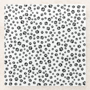 Black White Paw Prints Pattern Glass Coaster