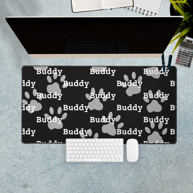Black White Paw Prints Personalised Dog Name Desk Mat (Black White Paw Prints Personalized Dog Name Desk Mat)