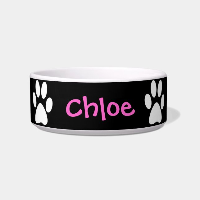 Black & White Paws Custom Name Dog or Cat Bowl (Front)