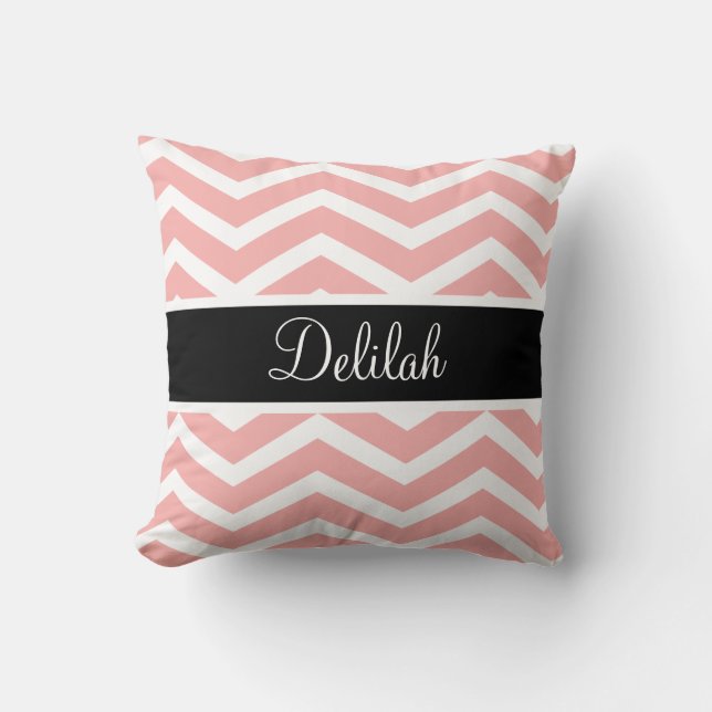 Black White Peach Chevron Name Cushion (Front)