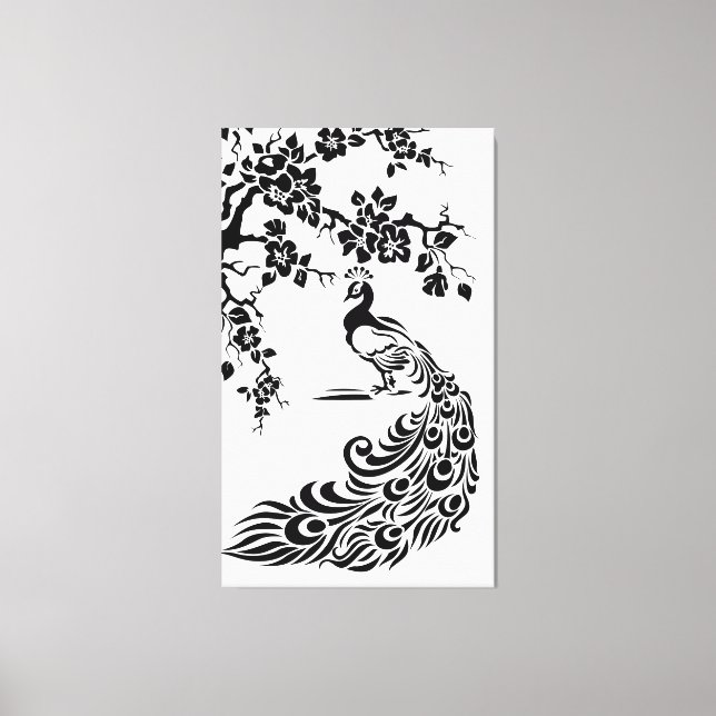 Black white peacock and cherry blossoms custom canvas print (Front)