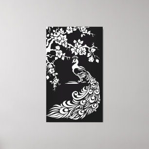 Black white peacock and cherry blossoms custom canvas print