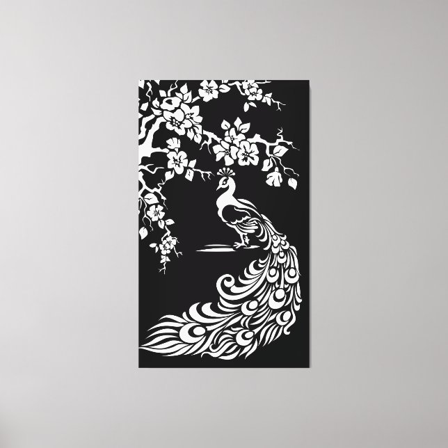Black white peacock and cherry blossoms custom canvas print (Front)