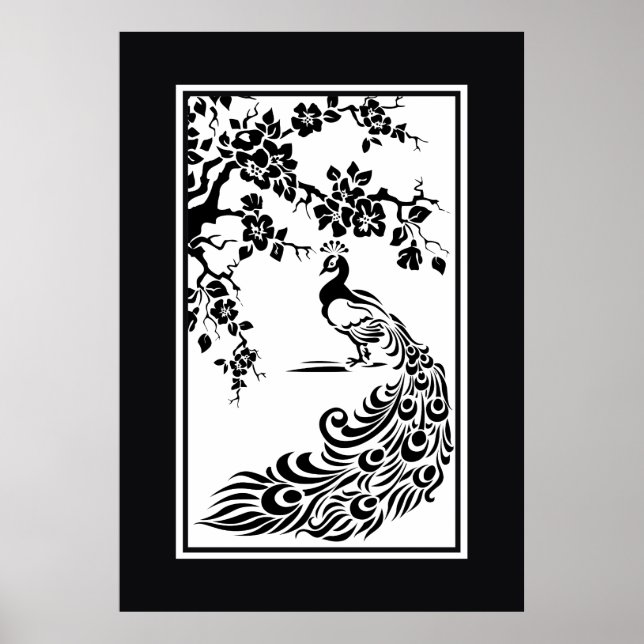 Black white peacock and cherry blossoms poster (Front)