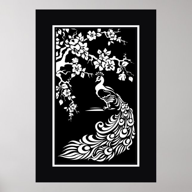 Black white peacock and cherry blossoms poster (Front)