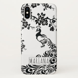 Black, white peacock & cherry blossoms art nouveau iPhone x case