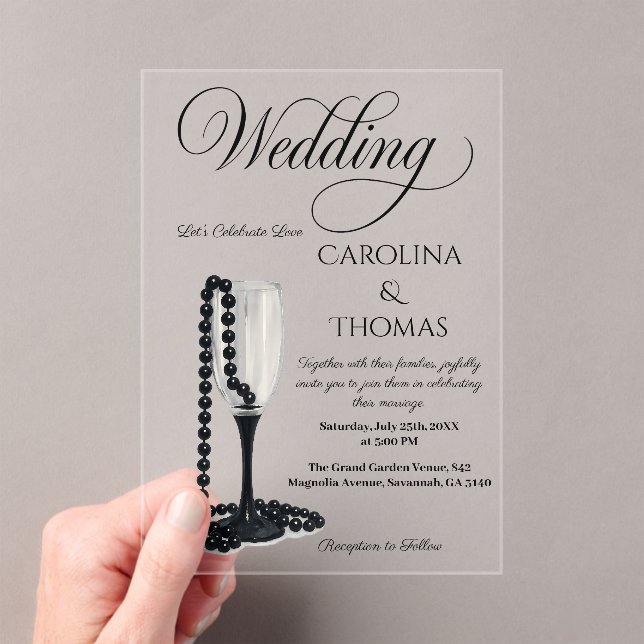 Black & White Pearl Champagne Glass Wedding Acrylic Invitations (Insitu (Handheld))