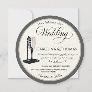 Black & White Pearl Champagne Glass Wedding Invitation