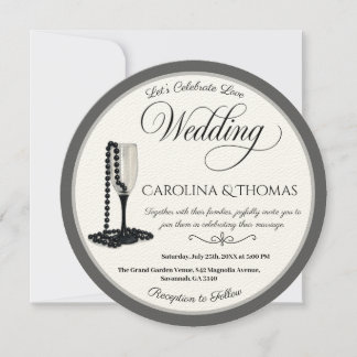 Black & White Pearl Champagne Glass Wedding Invitation
