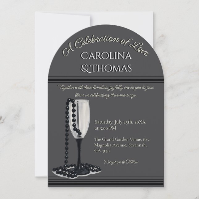 Black & White Pearl Champagne Glass Wedding Invitation (Front)