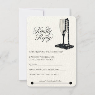 Black & White Pearl Champagne Glass Wedding RSVP Card