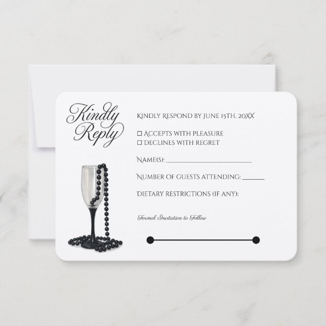 Black & White Pearl Champagne Glass Wedding RSVP Card (Front)