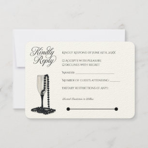 Black & White Pearl Champagne Glass Wedding RSVP Card