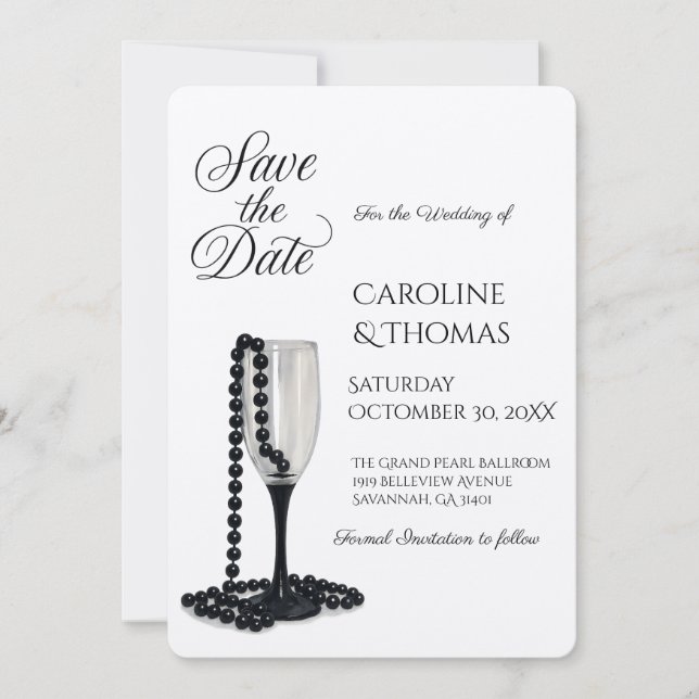 Black & White Pearl Champagne Glass Wedding Save The Date (Front)