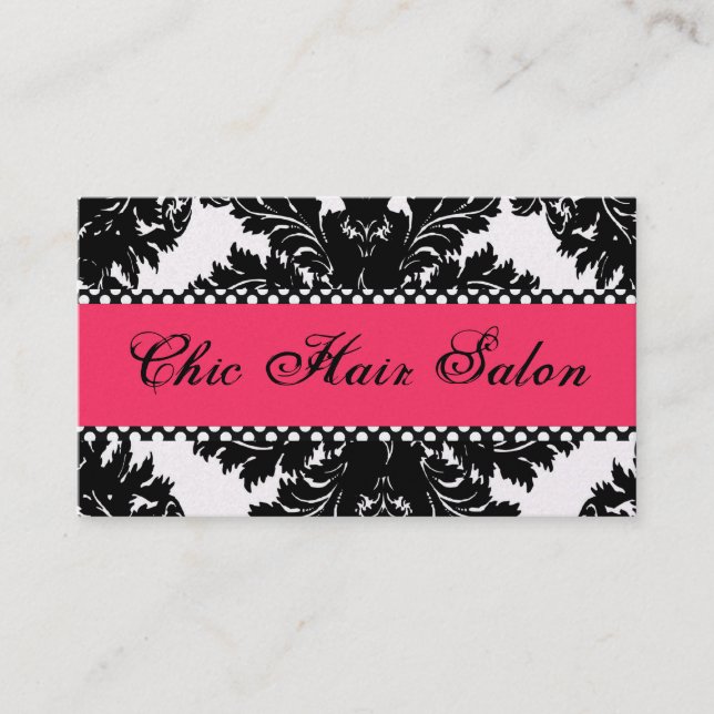 Black & White Pearl PINK Damask Business Card (Front)