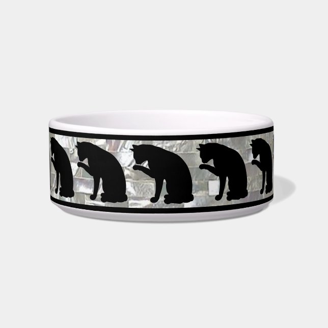 Black & White Pearl Tiles Silhouette Cat Bowl (Front)
