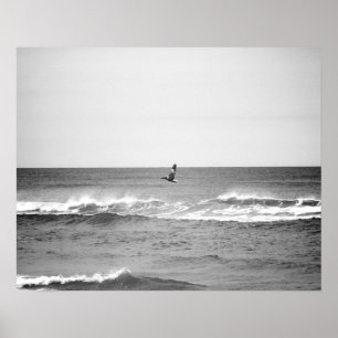 Black & White Pelican Flying Over the Ocean 16x20 Poster
