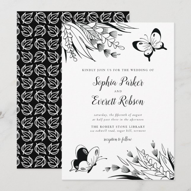 Black White Pen Ink Butterfly Botanical Wedding Invitation (Front/Back)