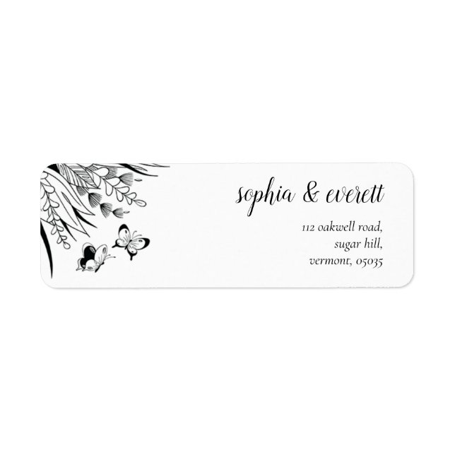 Black White Pen Ink Butterfly Return Address Label (Front)
