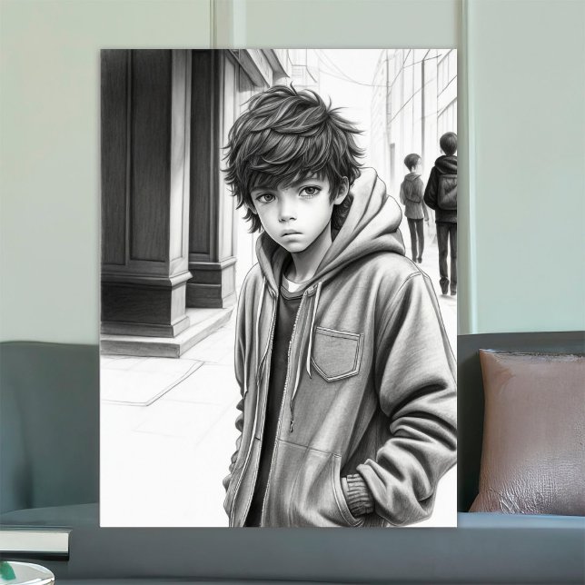 Black & White Pencil Drawing Boy AI Generated Art  Poster (Creator Uploaded)