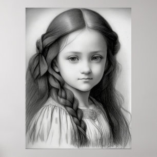 Black & White Pencil Drawing Girl Generative AI  Poster