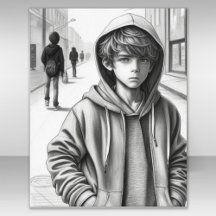 Black & White Pencil Drawing Sad Boy AI Art Poster