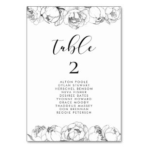 Black & white peonies elegant seating chart cards