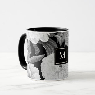 Black & White Peonies Floral Monogram Mug