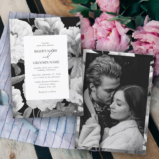 Black White Peonies Floral Photo Wedding Invitation (Black White Peonies Floral Photo Wedding Invitation)