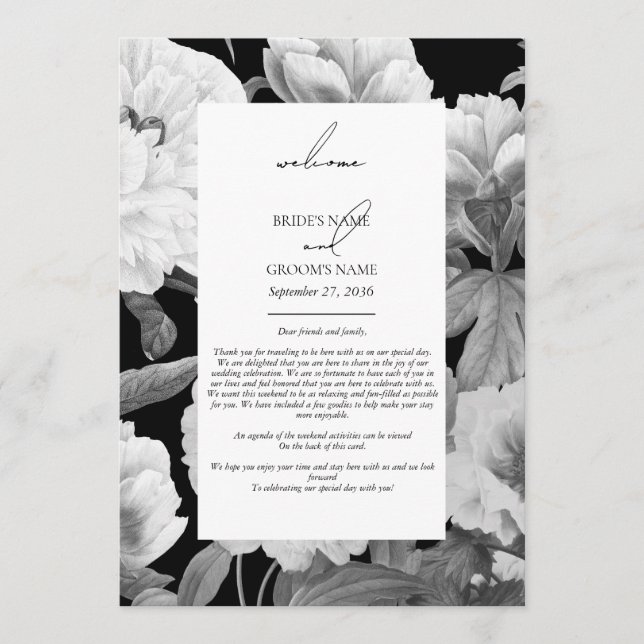Black & White Peonies Floral Wedding Itinerary Programme (Front)