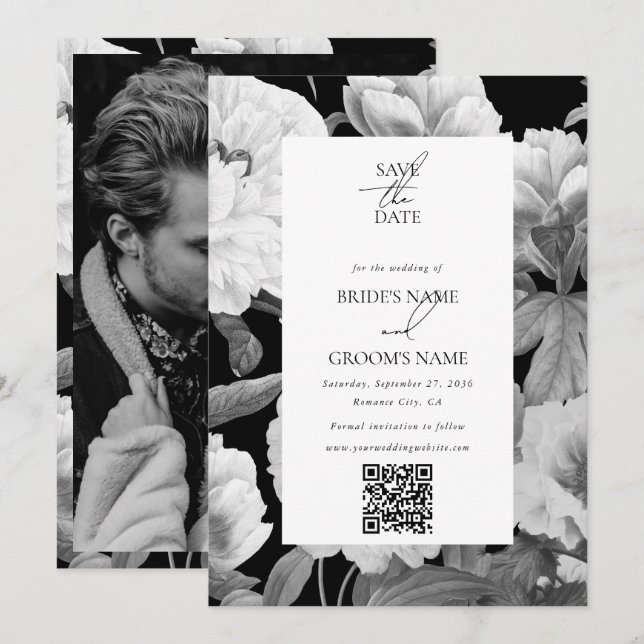 Black & White Peonies Floral Wedding Photo Save The Date (Front/Back)