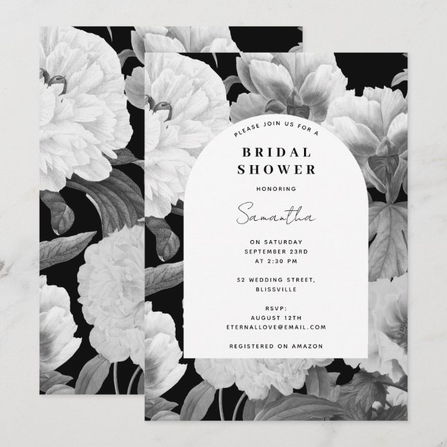 Black White Peonies Watercolor Bridal Shower Invitation (Front/Back)
