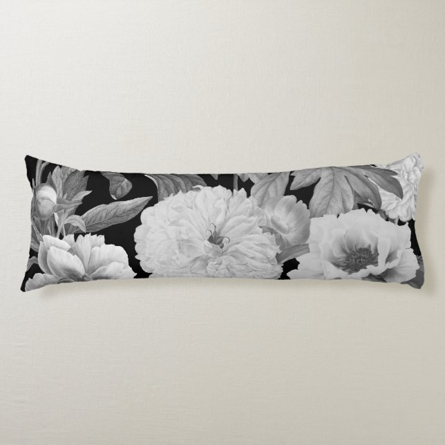 Black & White Peonies Watercolor Floral Body Cushion (Front)