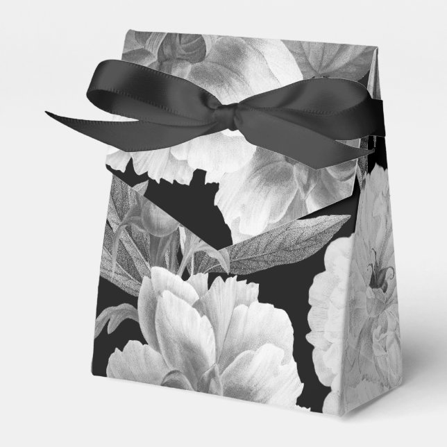 Black & White Peonies Watercolor Floral Favour Box (Front Side)