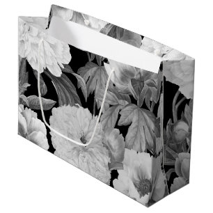 Black & White Peonies Watercolor Floral Large Gift Bag