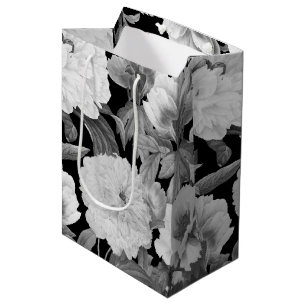 Black & White Peonies Watercolor Floral Medium Gift Bag