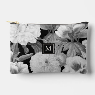 Black & White Peonies Watercolor Floral Monogram Accessory Pouch