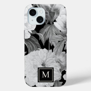 Black & White Peonies Watercolor Floral Monogram iPhone 15 Case