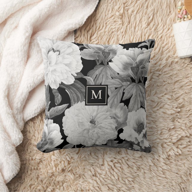 Black & White Peonies Watercolor Floral Monogram Cushion (Blanket)